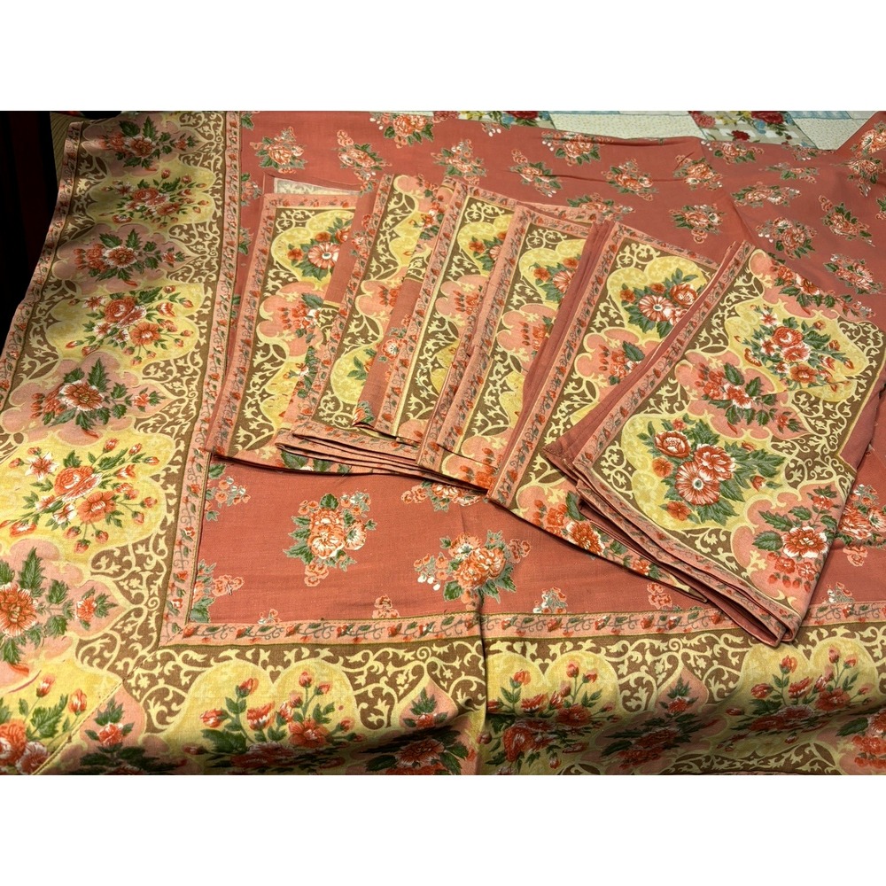 Vintage April Cornell Tablecloth + 6 Napkins Pink Antique Rose NWT 48" x 48"